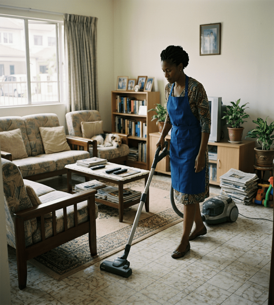 Woman sweeping floor with broom and dustpan in living room